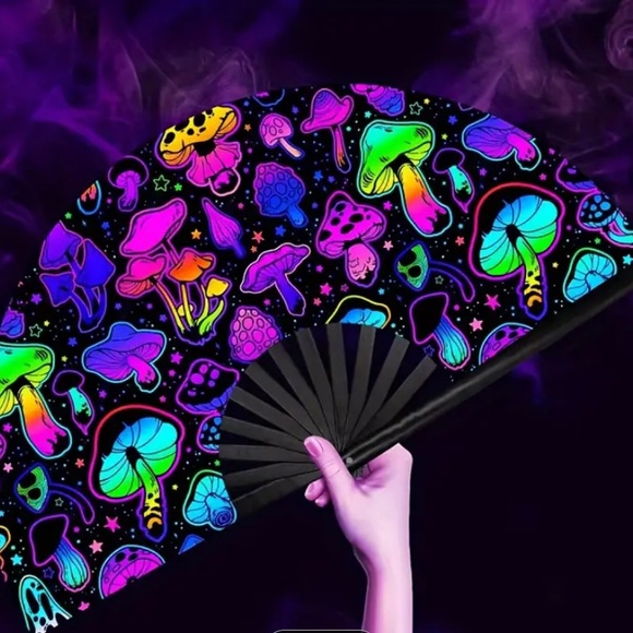 unbranded Accessories - Mushroom Print UV Reflective Dance Rave Fan Accessory Bamboo Sateen Black Neon